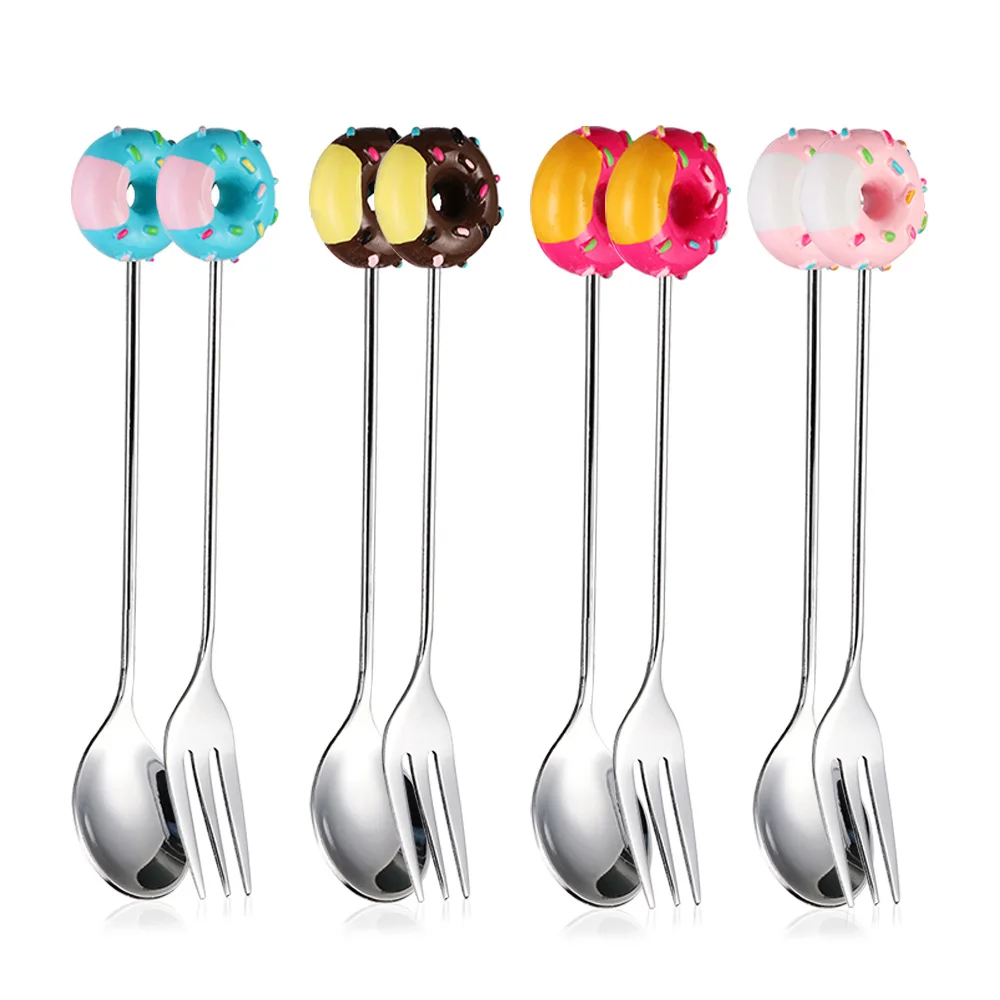 Dessert Spoon Fork Lovely Donut Decor Stainless Steel Coffee Ice Cream Spoon Kitchen Flatware Kids Dinnerware High Quality