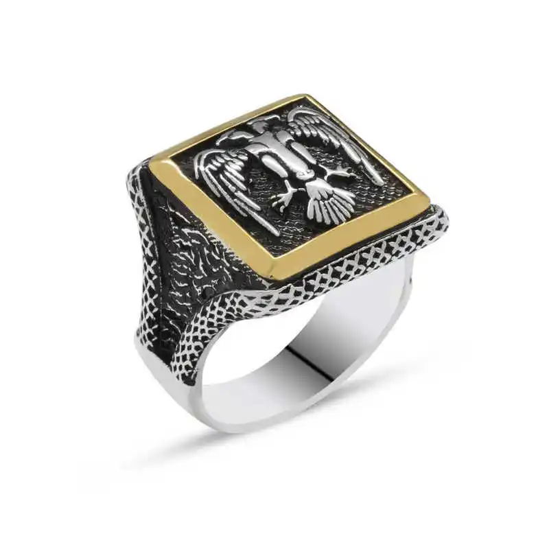 Silver Double Headed Eagle Men's Ring - 925 Sterling Men's Jewelry Wedding Birthday Gift - Box - - Male - Fashion - Botiva - Size - Turkish - Patterned Embroidery