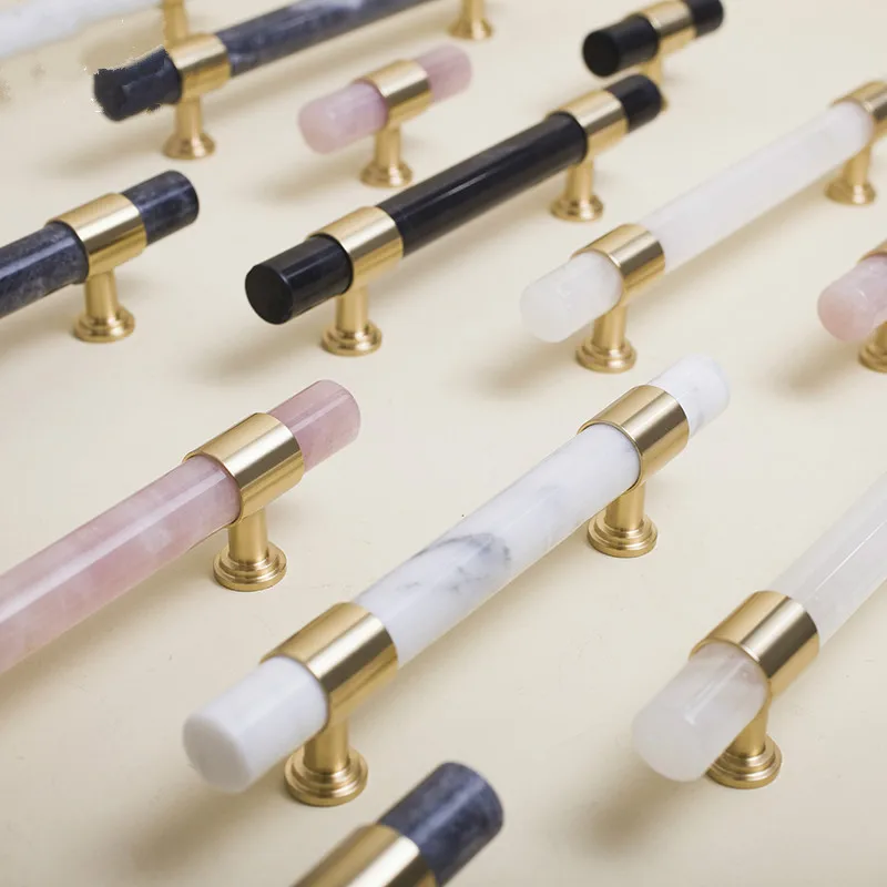 Natural Marble/Crystal T brass Bar Cabinet handle and Knobs  bedroom  Cupboard Door Pulls Furniture Handle Dresser knob Hardware