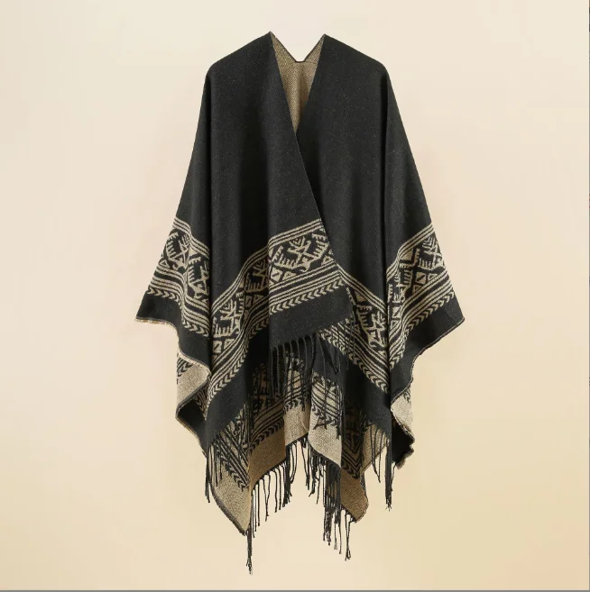 Geometric Pattern Double-sided Tassels European American Fashion Lengthened Imitation Cashmere Office Travel Fork Shawl Khaki