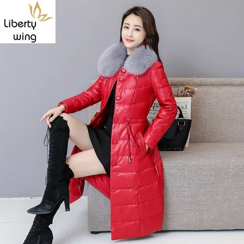 

Belt Slim Fur Collar Detachable Solid Warm PU Leather Jacket Women High Quality Thick Winter Long Coat Female OL Style Clothes