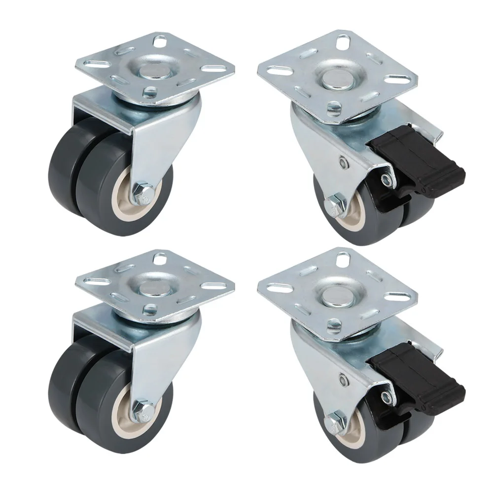 4 Pcs/ Set Heavy Duty Swivel Castor Dual Wheels 50mm with Brake for Trolley Furniture Caster Black