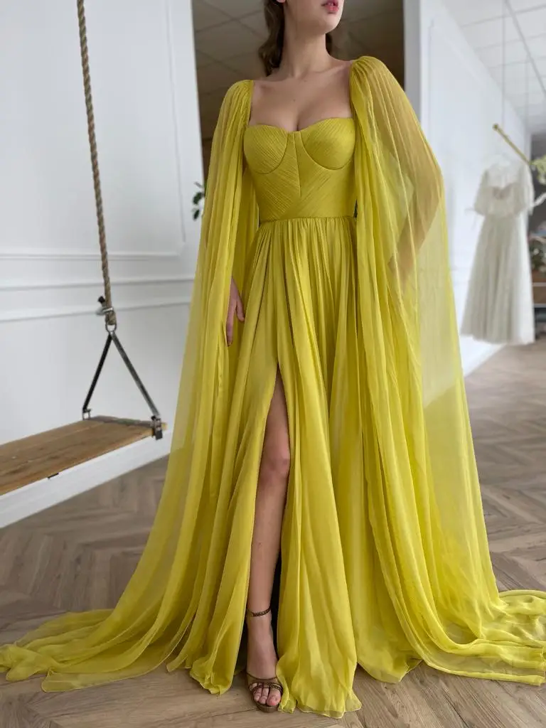 

Yellow Moroccan Muslim Evening Dresses A-line Sweetheart Chiffon Slit Long Luxury Turkey Dubai Saudi Arabia Prom Dress Gown