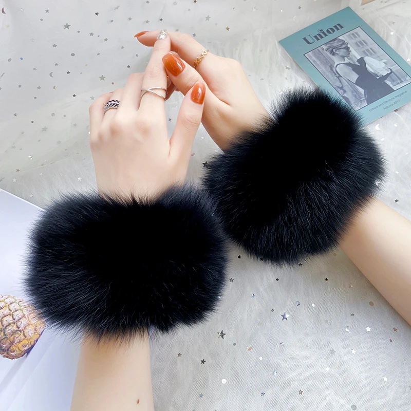 Women 100% Real Fox Fur Cuffs Winter Warm Fashion Lady Bracelet Hand Wear Genuine Fur Sleeve Accessories