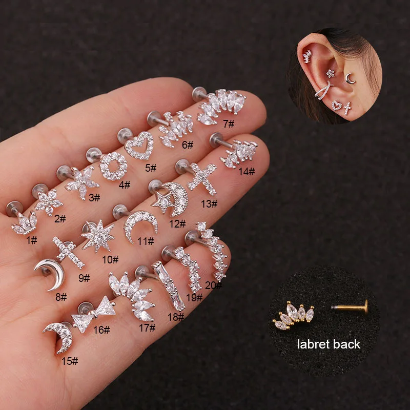 

1PC Cross Heart Flower Crown Cz Ear Studs Helix Piercing Cartilage Earring Conch Rook Tragus Stud Labret Back Piercing Jewelry