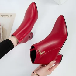 New Fashion Women Boots Casual Leather Low High Heels Spring Shoes Woman Pointed Toe Rubber Ankle Boots Black Red Zapatos Mujer