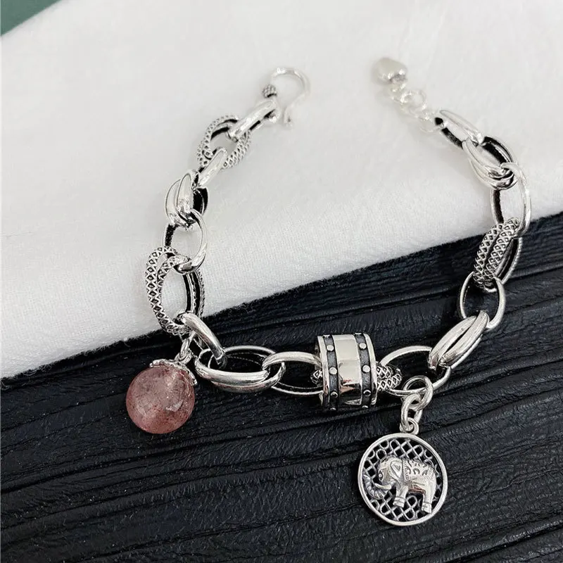 New Arrival 100% 925 Sterling Silver Elegant Elephant Animal Tag Strawberry Quartz Lady Charm Bracelets Jewelry For Women Gifts