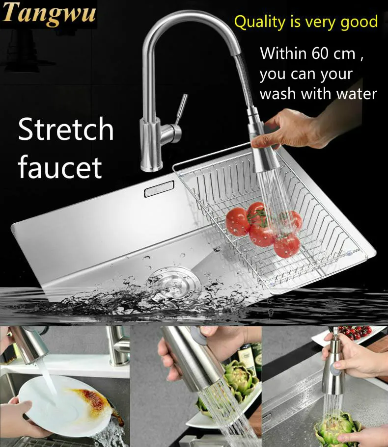 Free shipping Apartment vogue kitchen manual sink single trough stretch faucet 304 stainless steel hot sell big 64x43/73x44 CM