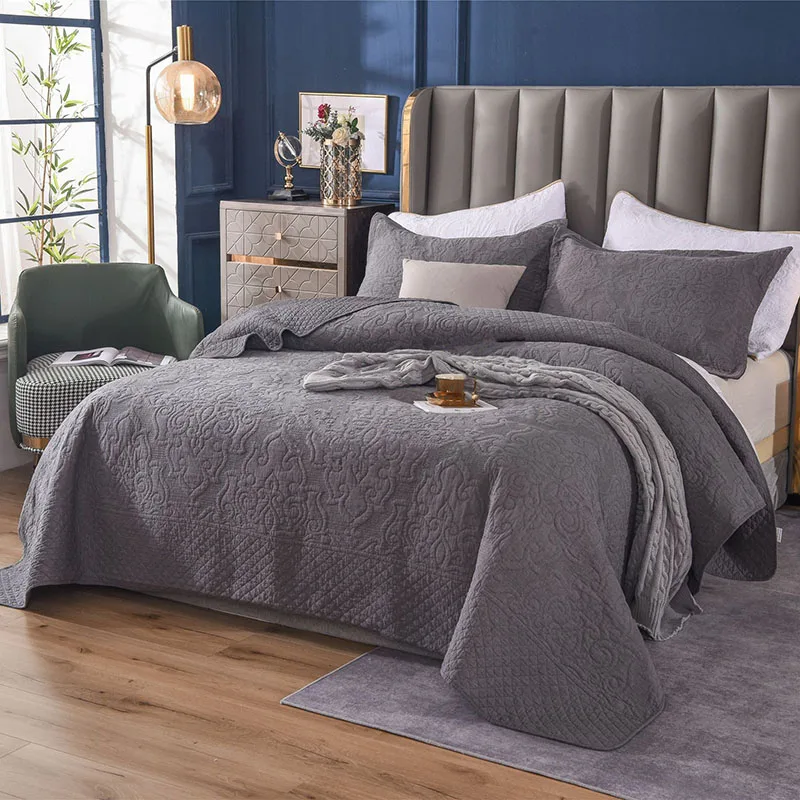 Gray Cotton Quilt Set 3PC Bedspread on the Bed Solid Embroidered Bed Cover Pillowcase Queen Size Quality Coverlet Double Blanket