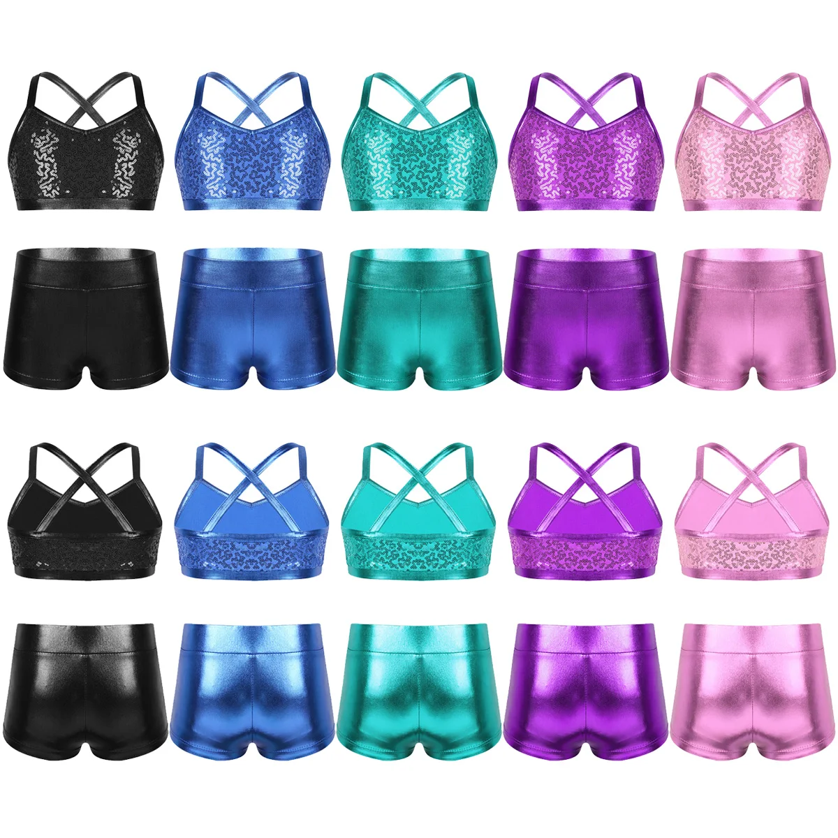 Summer Girls Street Jazz Dance Outfits Shiny Sequin Vest Tank Top with Bottoms Set Ballet Dancewear Gym Workout Sportswear 6-14Y