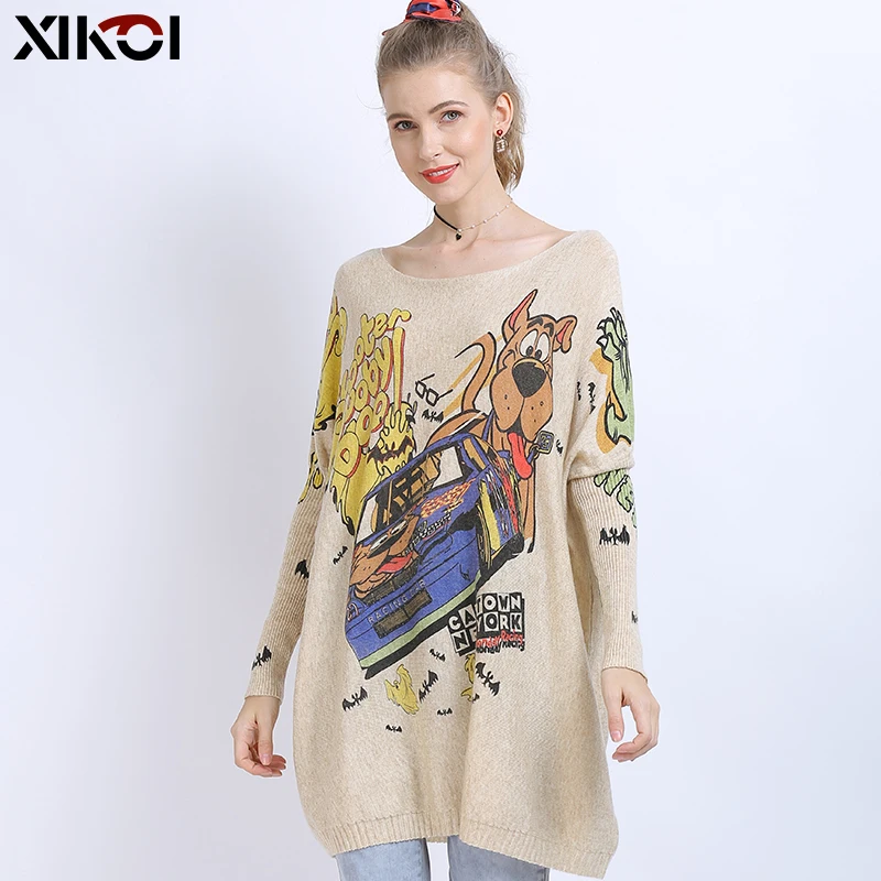 XIKOI Wool Oversized Sweaters For Women Winter Long Pullover Dresses Naughty Dog Print Jumper Casual Knitted Sweaters Pull Femme