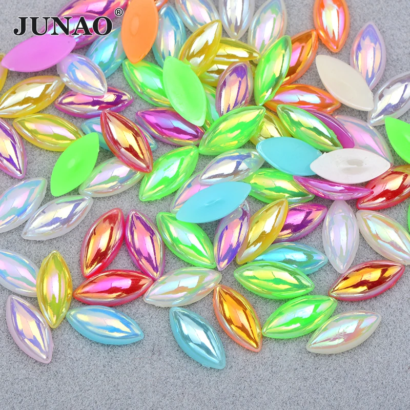 JUNAO 5*10mm 7*15mm Neon Green AB Flatback Pearl Rhinestone Horse Eye Strass Crystal Half Pearl Stickers for Jewelry DIY Crafts