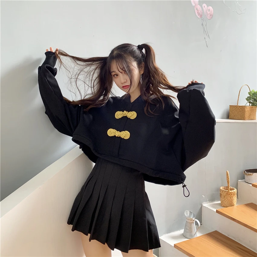 Gothic Punk Women Black Hoodies Harajuku Streetwear Girls Oversized Cropped Sweatshirt Vintage Chinese Style 90s Red Pullover