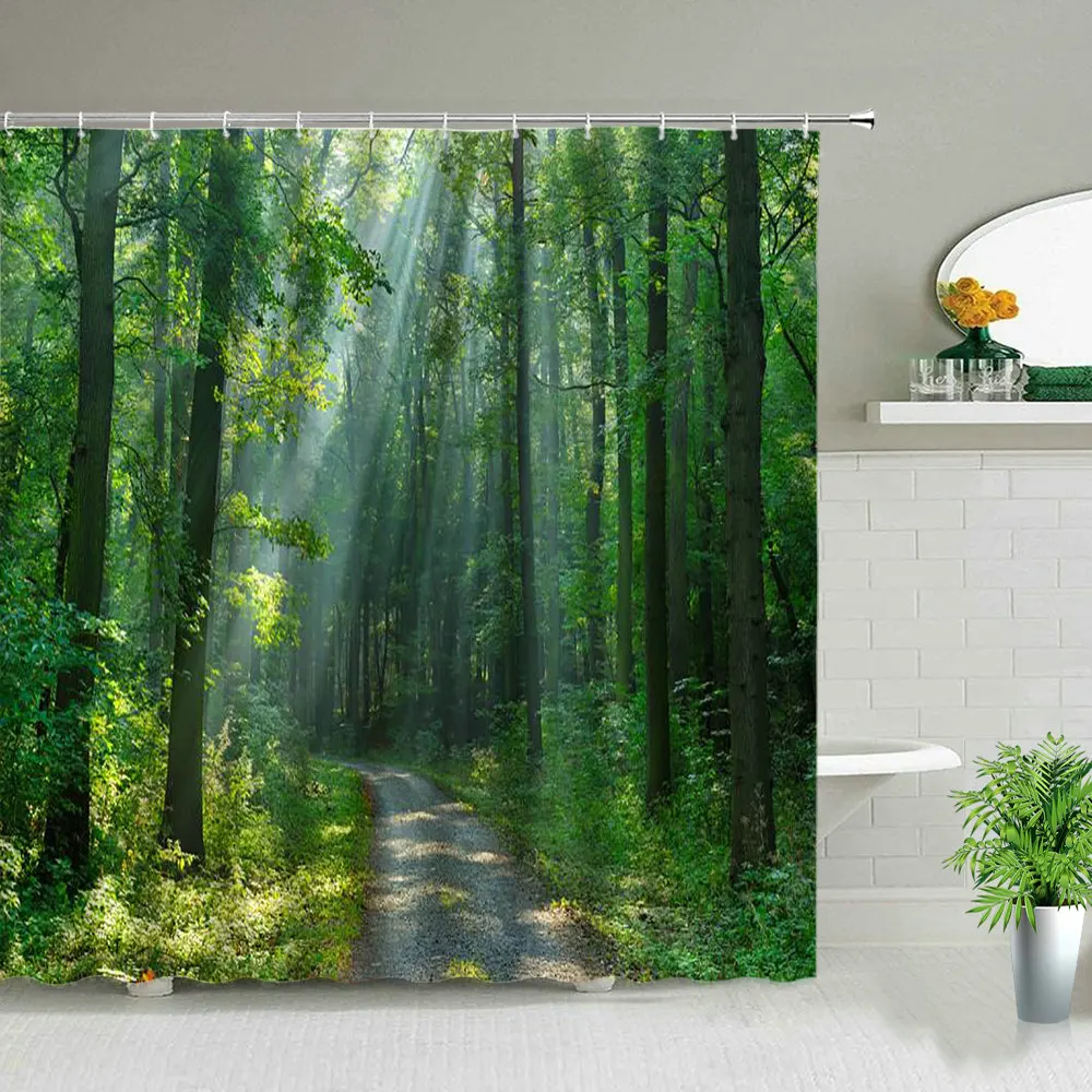 Misty Forest Nordic Style Shower Curtain Set With Hooks Waterproof Green Natural Landscape Home Decoration Bathroom Curtains New