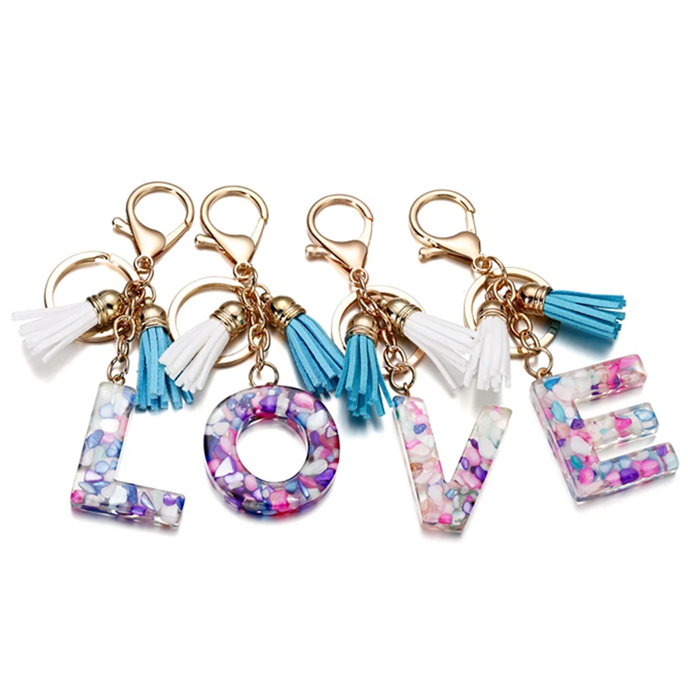 26-Initialen-Buchstaben-Schlüsselanhänger mit Samtquaste, modische Mädchen-Handtasche, glitzernder Farbverlauf, Harz, Alphabet, Schlüsselanhänger-Charms