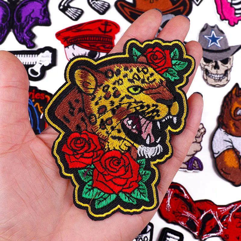 Rose Skull Embroidered Patches On Clothes DIY Punk Animal Applique Iron On Patches For Clothing Hippie Rock Biker Stickers