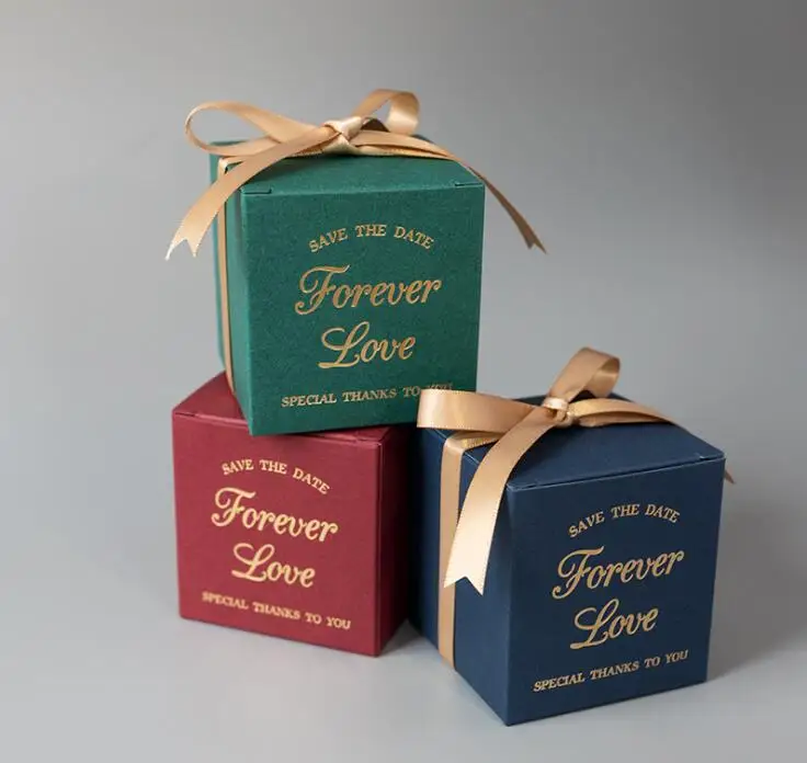 Simple Red Green Blue Cube Candy Boxes Wedding Party Supplies Gift Packing Box with ribbon Baby shower Favors goodie Gift Bag