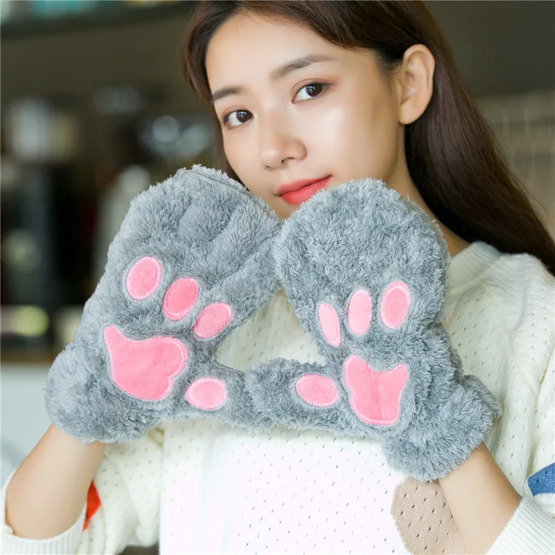 Cat\'s paw cute plush thickened mittens winter female fleece full finger plus velvet Korean version of furry Japanese soft girl