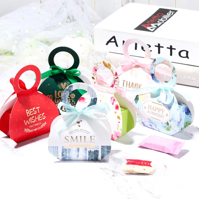 20Pcs New Basket Hanging Box Ribbon Bow Colorful Paper Pouch Kraft Paper box Wedding Favors Gift Boxes Wedding Party Supply