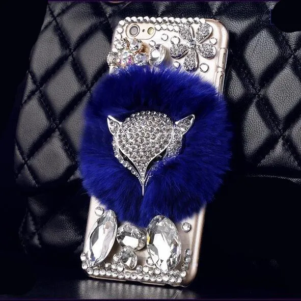 Rabbit Fur Phone Case for iPhone 15 16 14 Pro Max 14 13 12 Mini 11 Fox Diamond Rhinestone Phone Cover Funda Handmade Jewelled