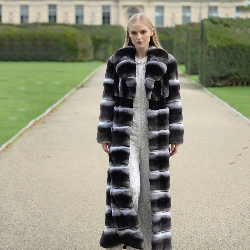 Ftangaiur New Winter Import Chinchilla Coat Turn-Down Collar Full Sleeve Loss Women Real Natural Color Chinchilla Fur Coats