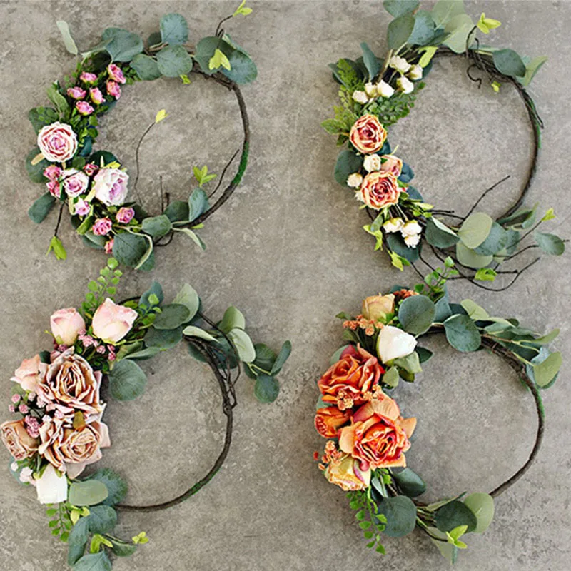 Newborn Photography Props Artificial Wreath Rose Peony Flower Round Lintel Rattan Kids Decor Birthday Baby Photo Shoot Decor