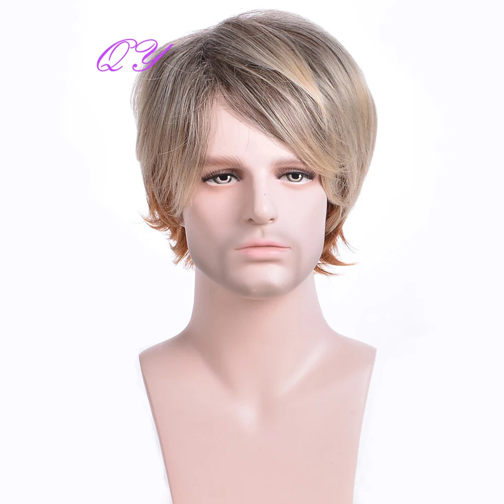 Synthetic Men Wig  Brown Curly  With Bangs Wigs Medium Length Cosplay Or Party Natural Fashion Male Hair