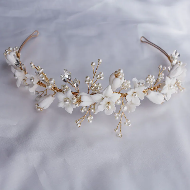 Wedding Tiara Crown White Ceramic Floral Bridal Hairband Pearls Jewelry Handmade Women Prom Crowns