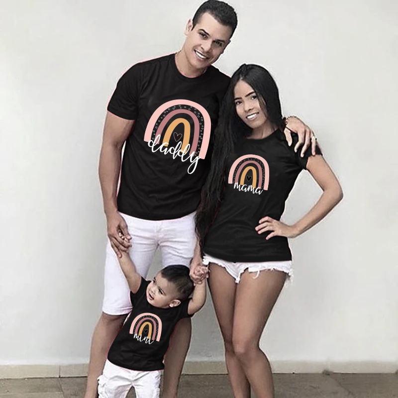 1pc Fashion Daddy Mama Mini Rainbow Print Family Matching Outfits Mother Father Baby Matching T-shirt Short Sleeve Family Clothe