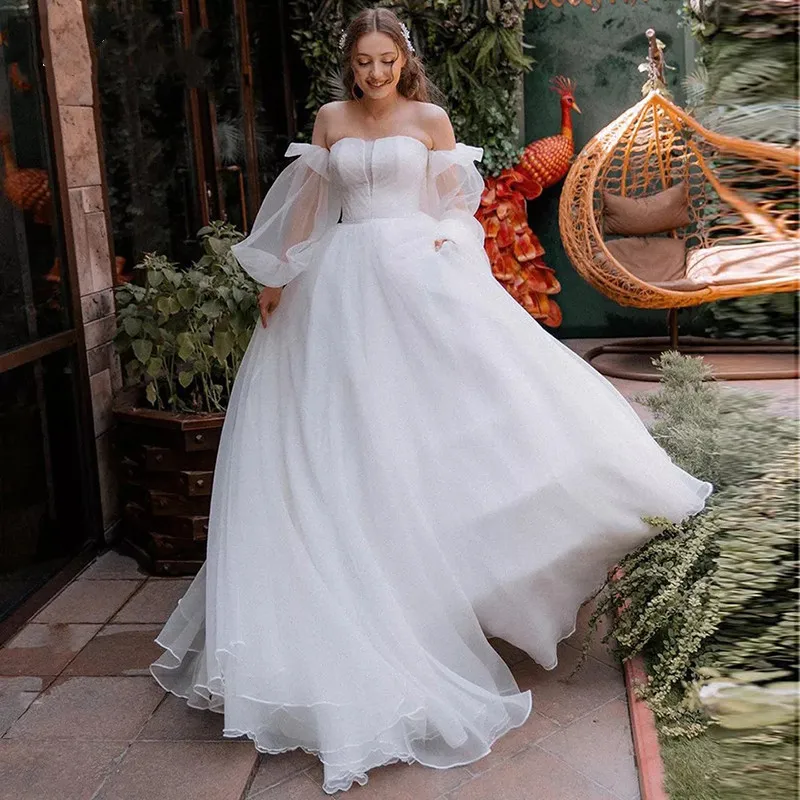 Gaun pernikahan tanpa tali putri 2024 Puff lengan panjang Off Shoulder Court Train Vestido De Noiva Organza gaun pengantin sederhana