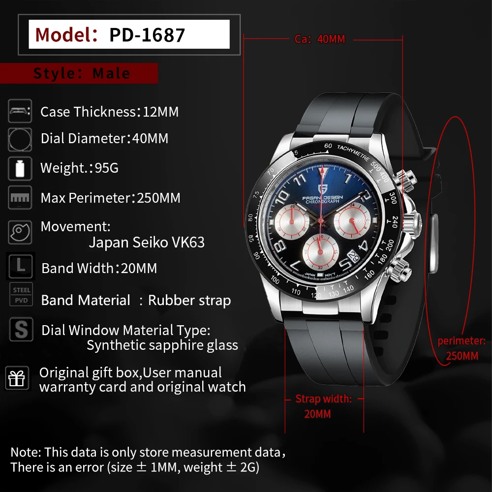 PAGANI DESIGN VK63 jam tangan kuarsa untuk pria, arloji kaca safir dengan Chronograph keramik Bezel angka Arab, hadiah olahraga
