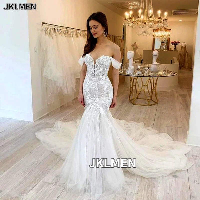 

Lace Off-the-shoulder Long Tulle Mermaid Wedding Dress Lace-up Beach Wedding Gown for Bridal Custom Made