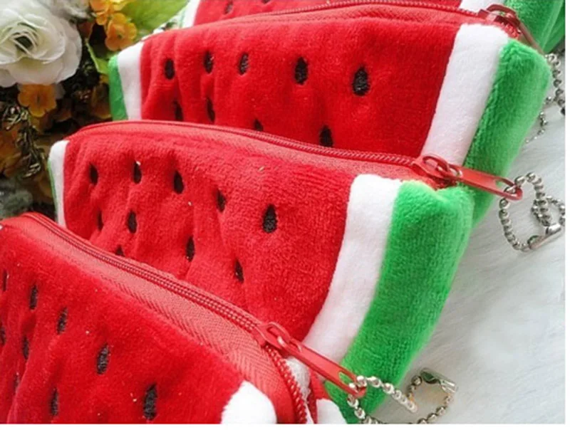 Novelty Kids Watermelon Coin Purse Women Lovely Plush Zipper Coin Wallet Purse Key Bag Fruit Wallet Students Pen Pencil Case Bag