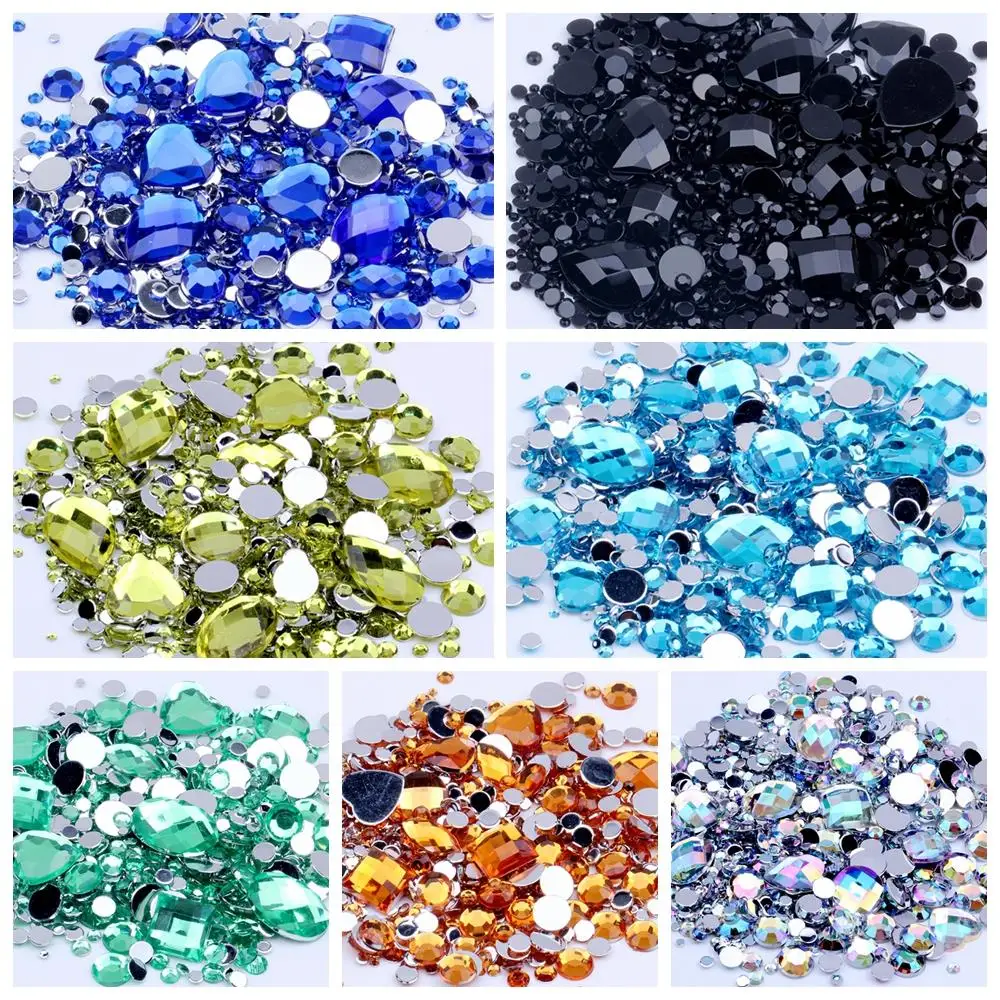 Mix Sizes color black Round strass Acrylic Loose Non-Hotfix Flatback Rhinestone Nail Art Crystal Stones For Wedding Decorations