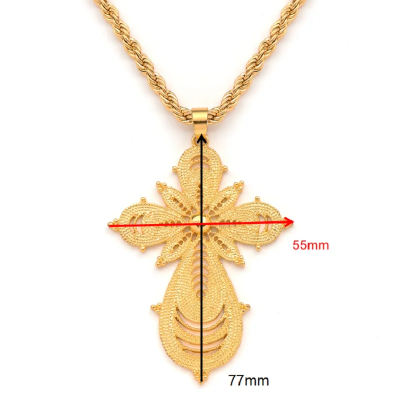 Exaggerate Ethiopian Gold Color Cross Pendant Necklace For Women Elegant Vintage Arab Africa Jewelry Wedding Gifts