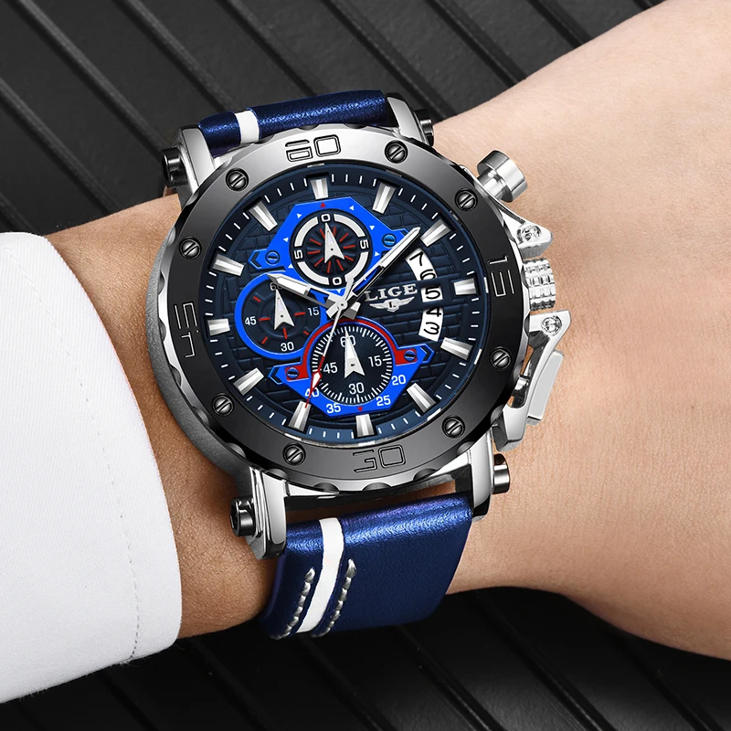 2020 LIGE New Mens Watches Top Brand Luxury Big Dial Military Quartz Watch Leather Waterproof Sport Wristwatch Relogio Masculino