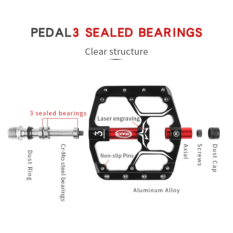 NEW Flat bike pedals with 3 sealed bearings, mountain bike accessories, wide platform CX-V15