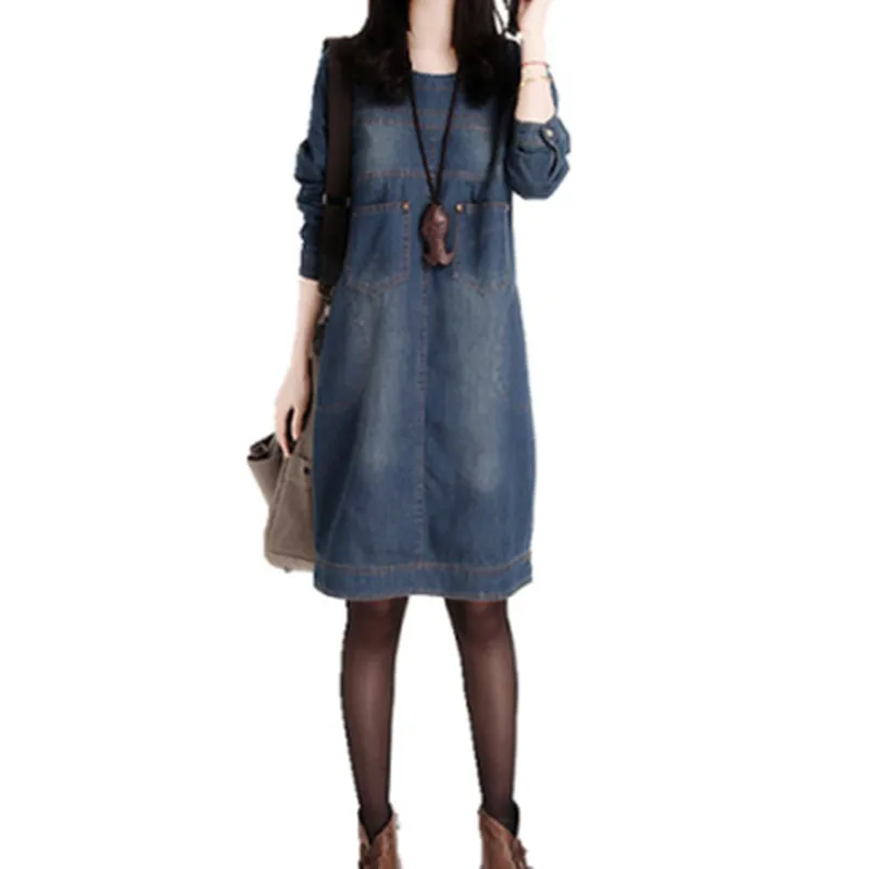 

2022 New Spring Autumn Ladies Retro Denim Dress Casual Round Neck Long-sleeved Dress Fashion Denim Dresses A327