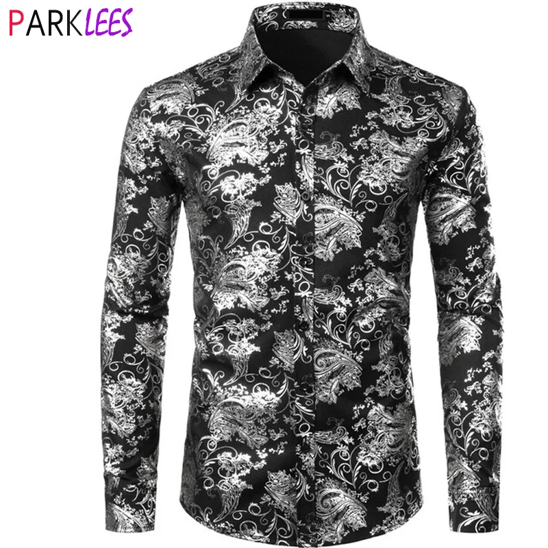 Silver Paisley Luxury Printed Floral Shirt Men Wedding Party Dinner African Dress Shirts Mens Wedding Dinner Party Chemise Homme