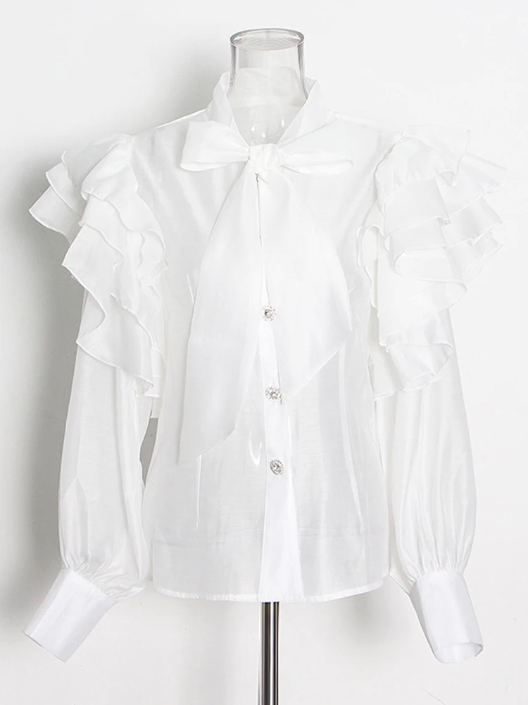 ECRURANI Solid Fold Pleated  Shirt For Women Lapel Long Sleeve Patchwork Ruffle Trim Loose Autumn Fashion Blouse Female 2021 New