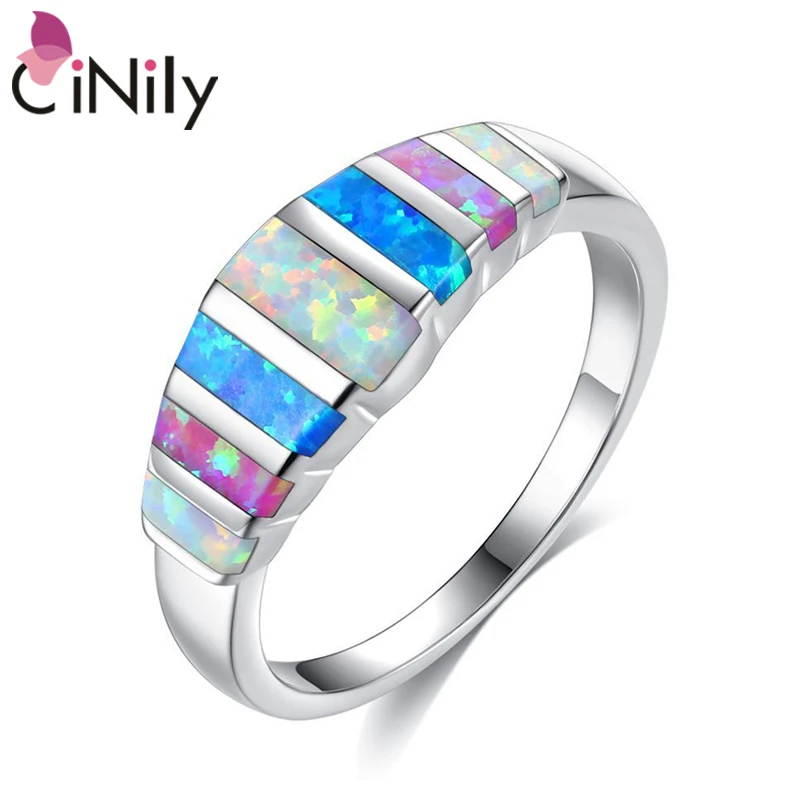 CiNily Geometry Rainbow Fire Opal 925 Sterling Silver Rings for Party Birthday Gifts Women Girl Fine Jewelry Ring