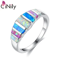 CiNily Geometry Rainbow Fire Opal Silver Plated Rings for Party Birthday Gifts For Women Girls Fine Jewelry Ring