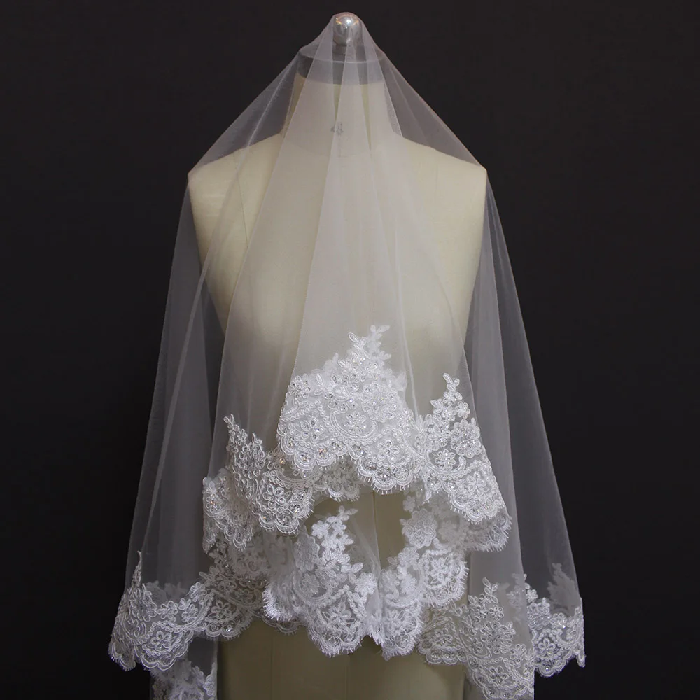 Bling Sequins ลูกไม้ Chapel ผ้าคลุมหน้างานแต่งงานโดยไม่ต้องหวี2เมตรยาว Mantilla เจ้าสาว1ชั้นสีขาว Ivory Veil Headpieces