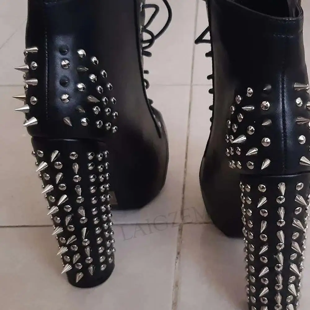 LAIGZEM Studded Women Ankle Platform Booties Chunky High Heels Punk Metal Decro Short Boots Shoes Woman Large Size 43 44 46 47