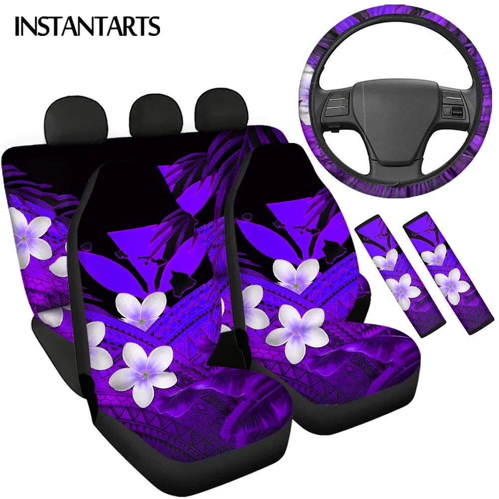 

INSTANTARTS Polynesian Hawaiian Plumeria Front&Rear Seat Protector soft Steering Wheel Cover Safety Belt Cover New Stylish