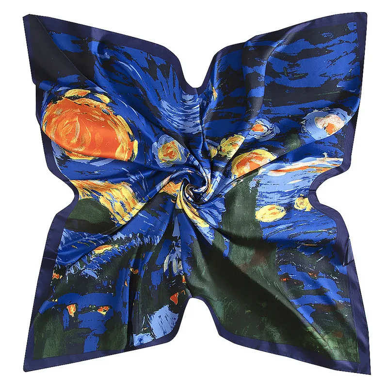 130cm New Van Gogh Starry Sky Oil Painting 2021 Brand Scarf Twill Silk Square Scarf Women Kerchief Shawl Scarves For Ladies