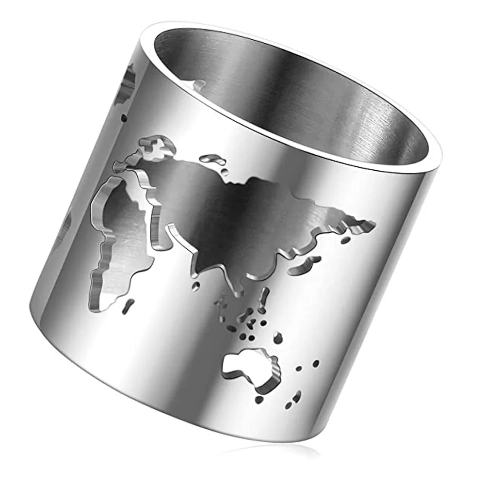 Steel World Map Cut-out Chunky Boho Finger Ring for Men Mirror Surface Stainless Spinner Ring Travel Peace Party Jewelry