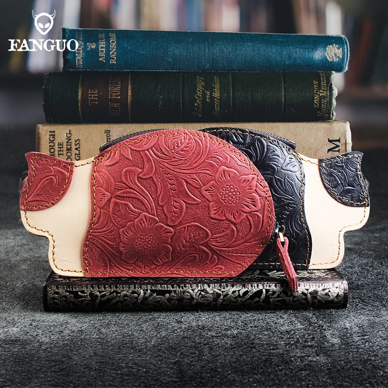 Lazy Cat Type Genuine Leather Small Key Wallet For Women Handmade Real Leather ID Card Bag Mini Coin Purse With Zipper