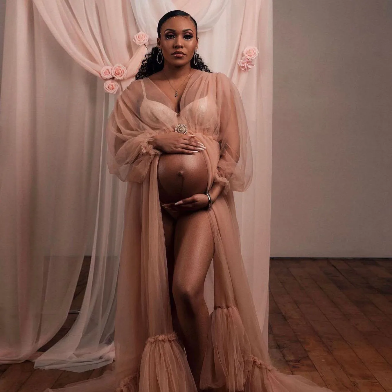 

See Thru Sexy Tulle Ruffles Maternity Women Robe Long A-line Dress For Pregnant Women To Photo Shoot Illusion Puffy Sleeves