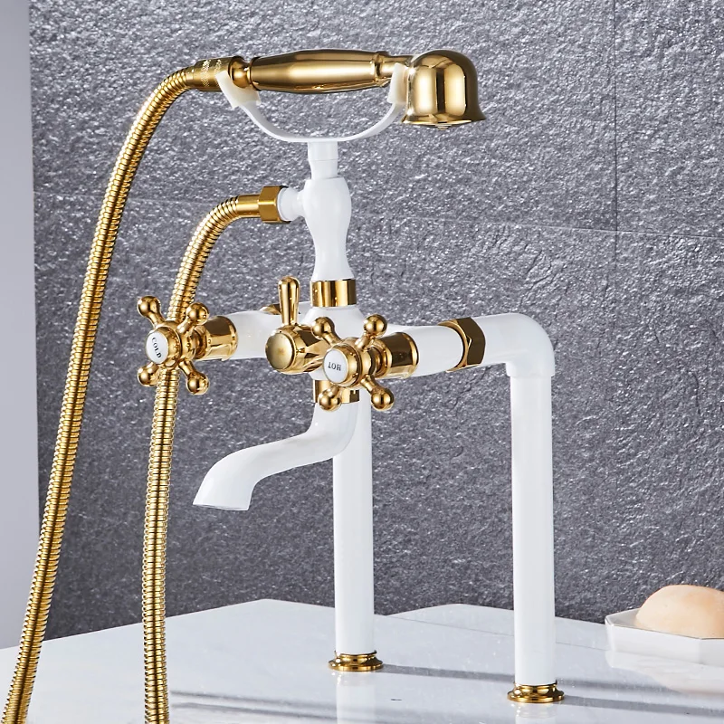 

Bathroom Bathtub Shower Gold Faucets Set Soild Brass White/Black Hot & Cold Mixer Tap With Handheld Unique Design Chrome Antique